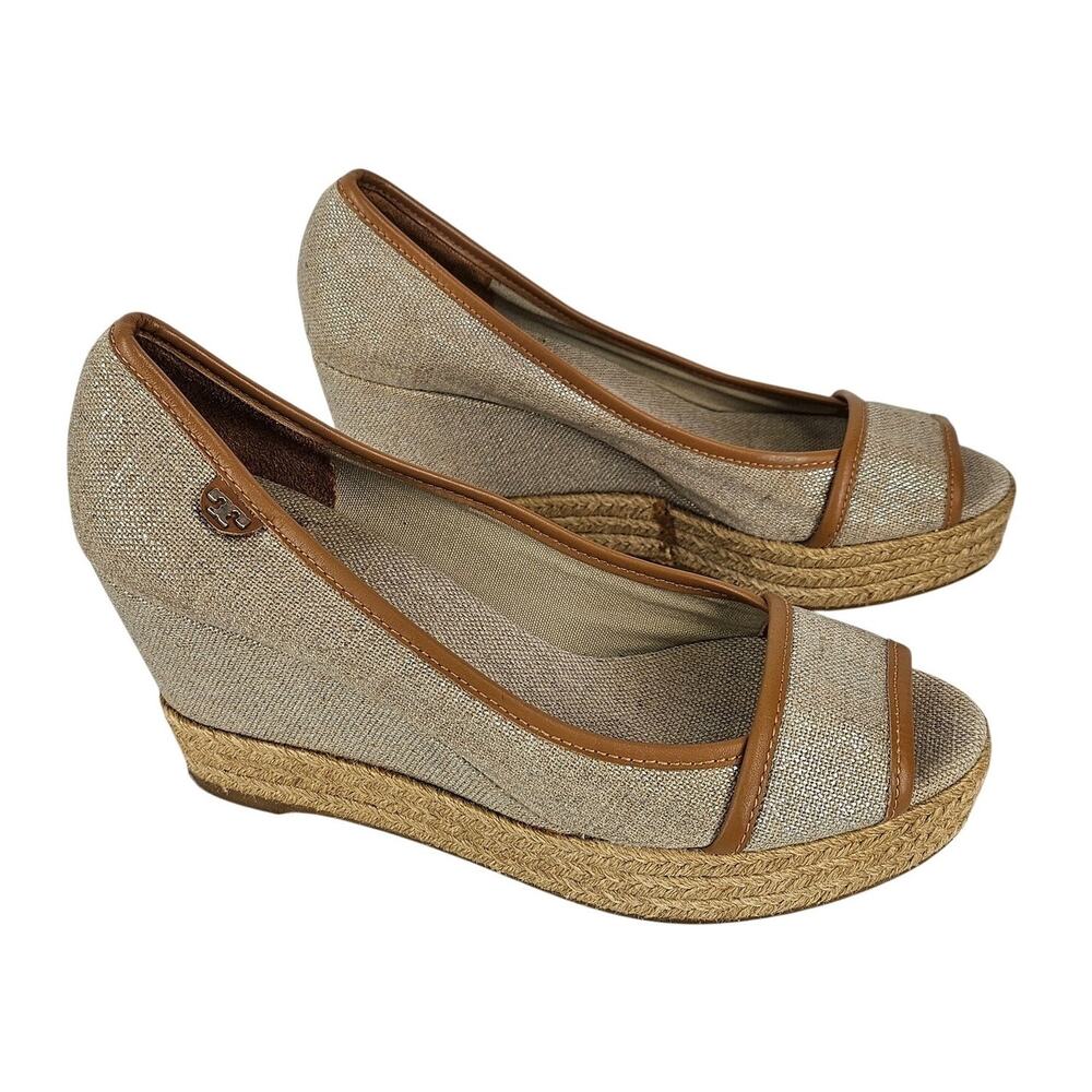 TORY BURCH WOMEN'S BEIGE / BROWN MAJORICA 5" WEDGE HEEL ESPADRILLE SIZE 8 (38.5)